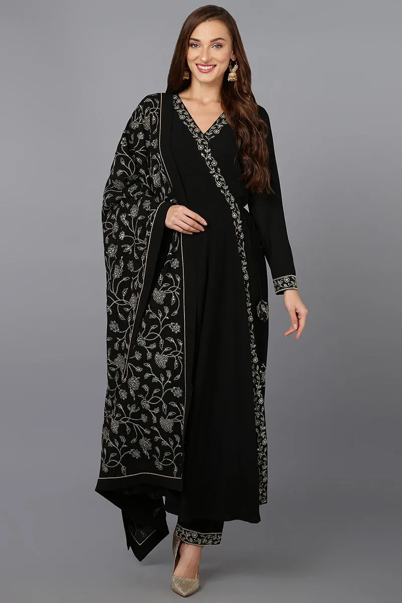 Black Poly Georgette Angrakha Pant With Dupatta