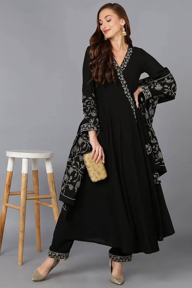 Black Poly Georgette Angrakha Pant With Dupatta