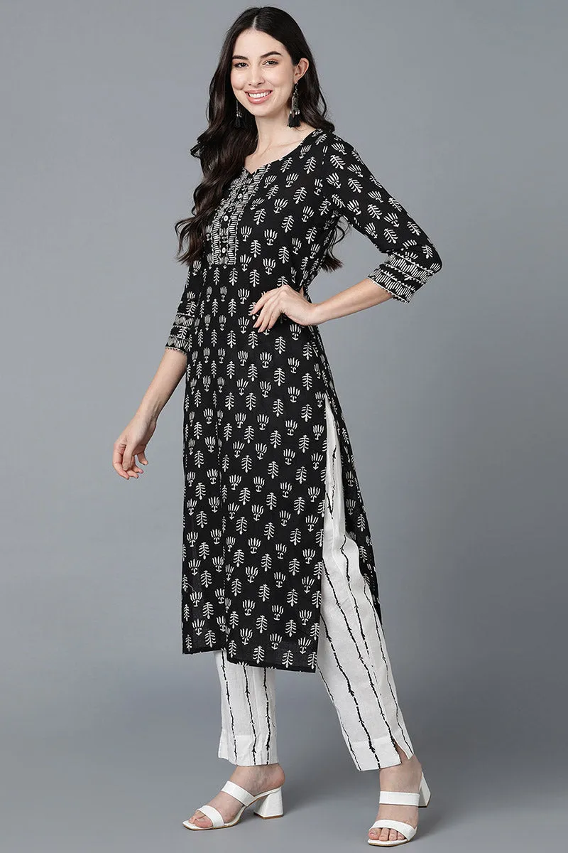 Black Pure Cotton Straight Kurta Pant With Dupatta Set