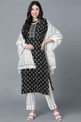 Black Pure Cotton Straight Kurta Pant With Dupatta Set