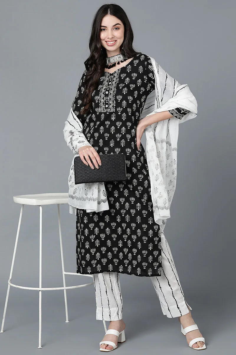 Black Pure Cotton Straight Kurta Pant With Dupatta Set