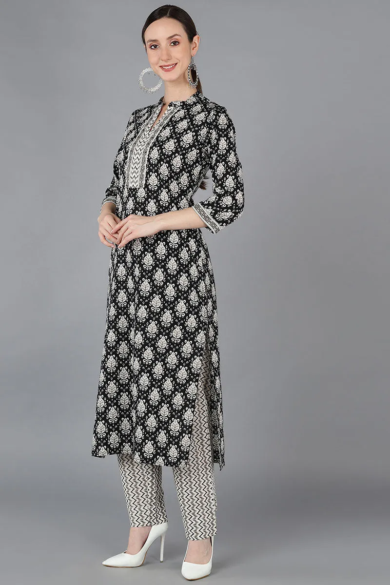 Black Rayon Blend Ethnic Motifs Straight Suit Set