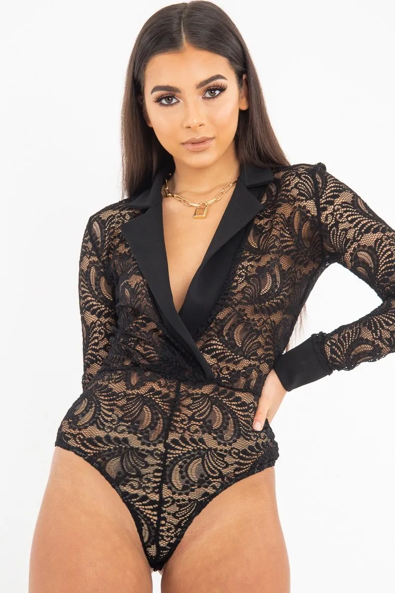 Black Sheer Lace Plunge Long Sleeve Bodysuit - Janica