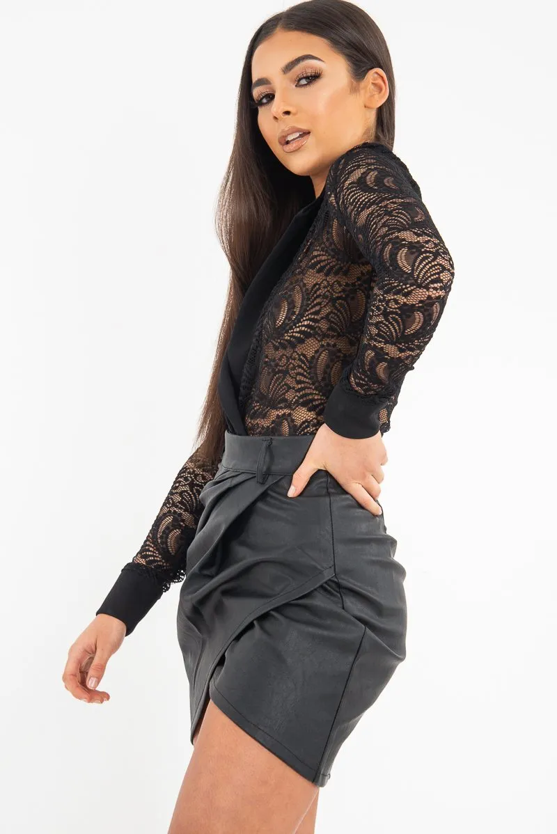 Black Sheer Lace Plunge Long Sleeve Bodysuit - Janica