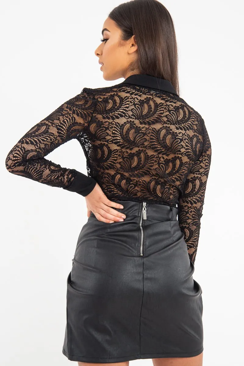 Black Sheer Lace Plunge Long Sleeve Bodysuit - Janica