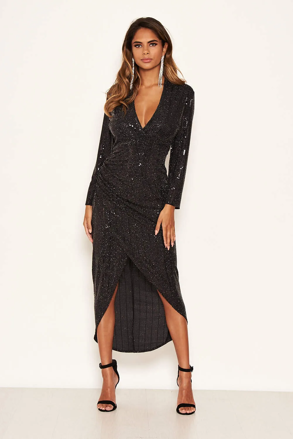 Black Stretch Sequin Wrap Dress