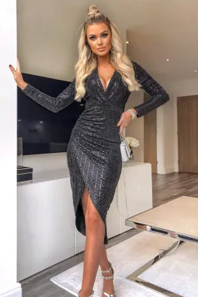 Black Stretch Sequin Wrap Dress