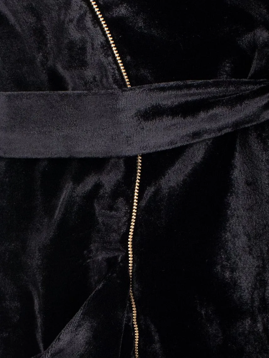 Black Velvet Tie Up Jacket With Gold Zip Details