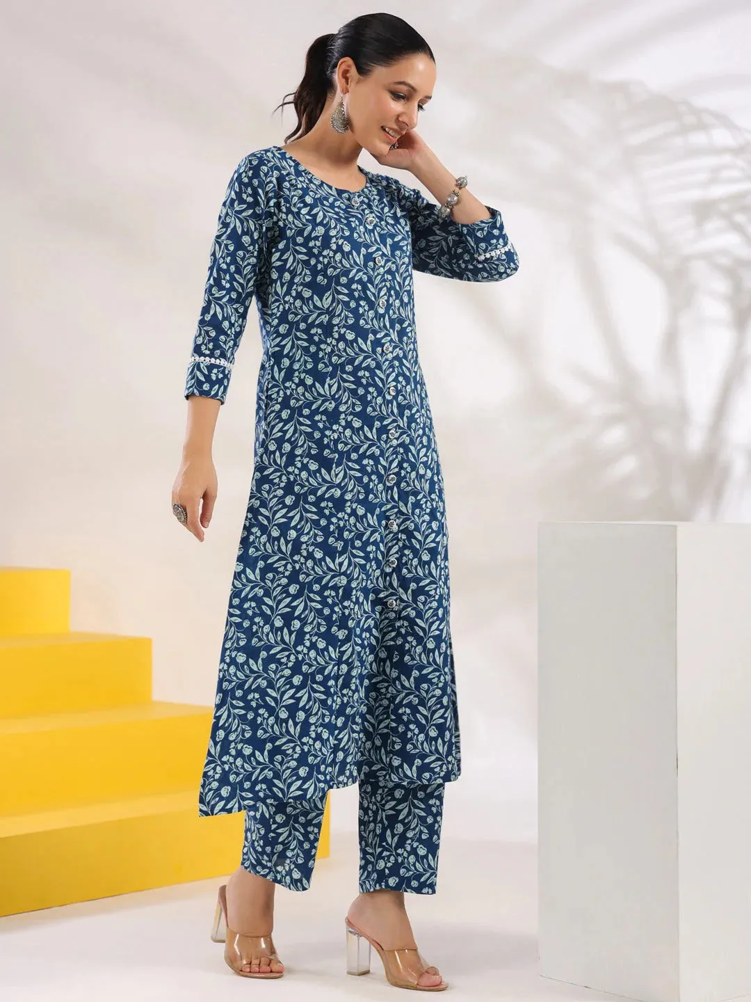 Blue Cotton Floral Print A Line Kurta Trouser Set