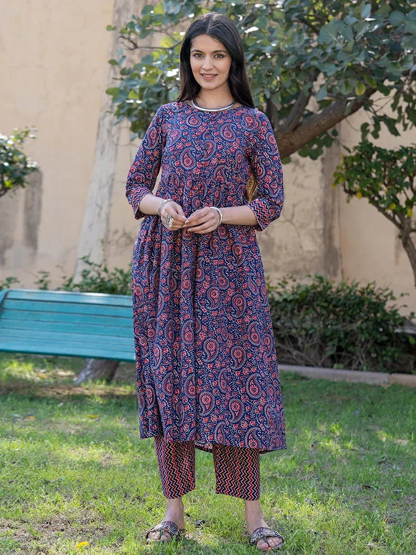 Blue Cotton Paisley Print A Line Kurta Trouser Set