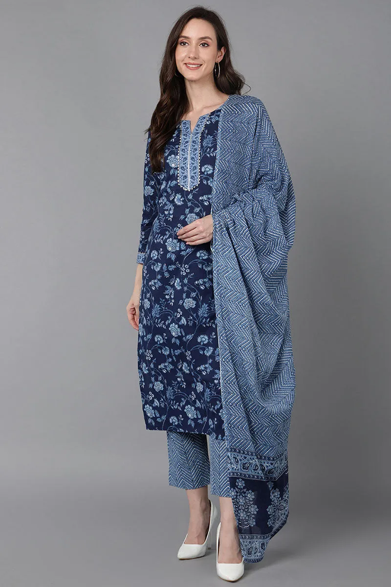 Blue Cotton Straight Kurta Pant With Dupatta