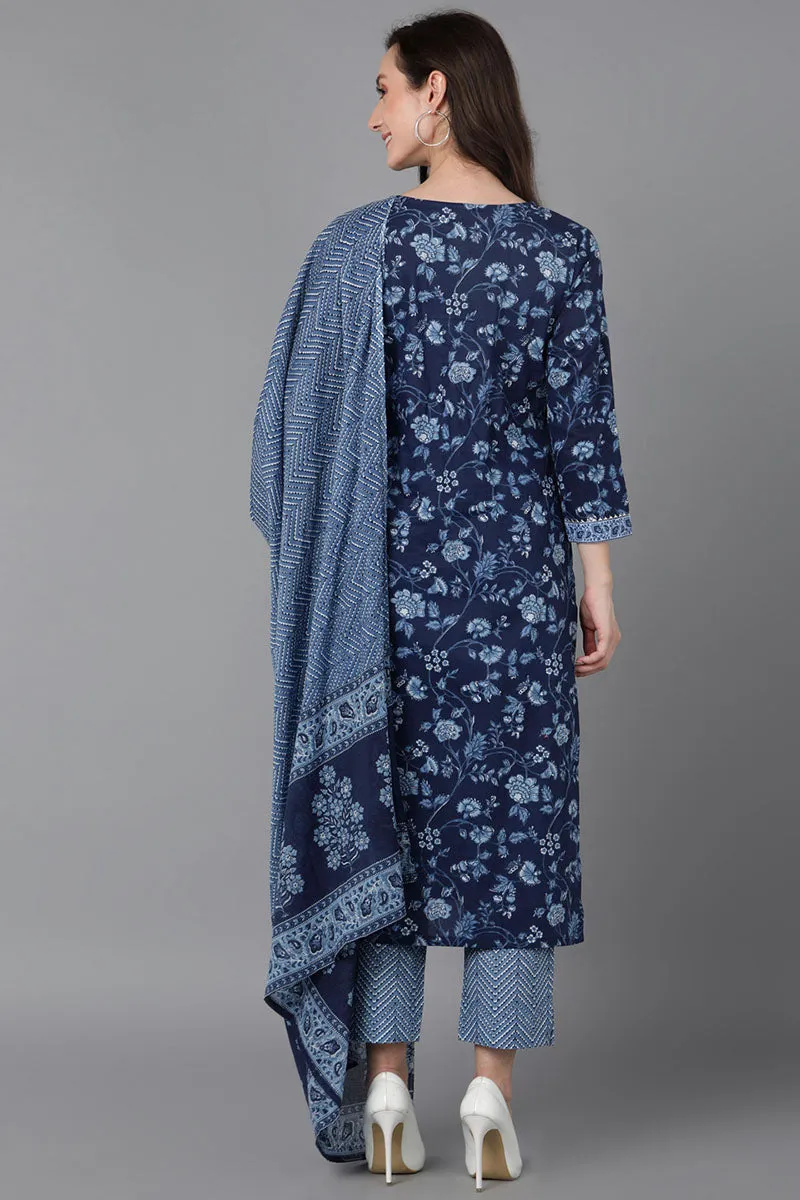 Blue Cotton Straight Kurta Pant With Dupatta