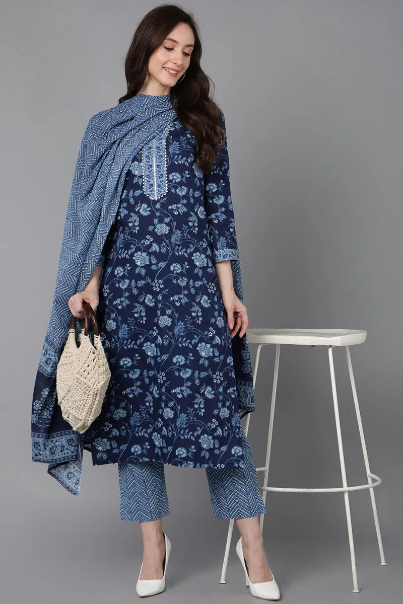 Blue Cotton Straight Kurta Pant With Dupatta