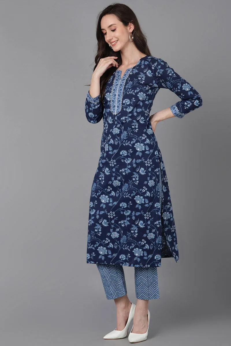 Blue Cotton Straight Kurta Pant With Dupatta