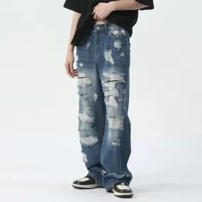 Blue Denim Ripped Loose Decor Jeans