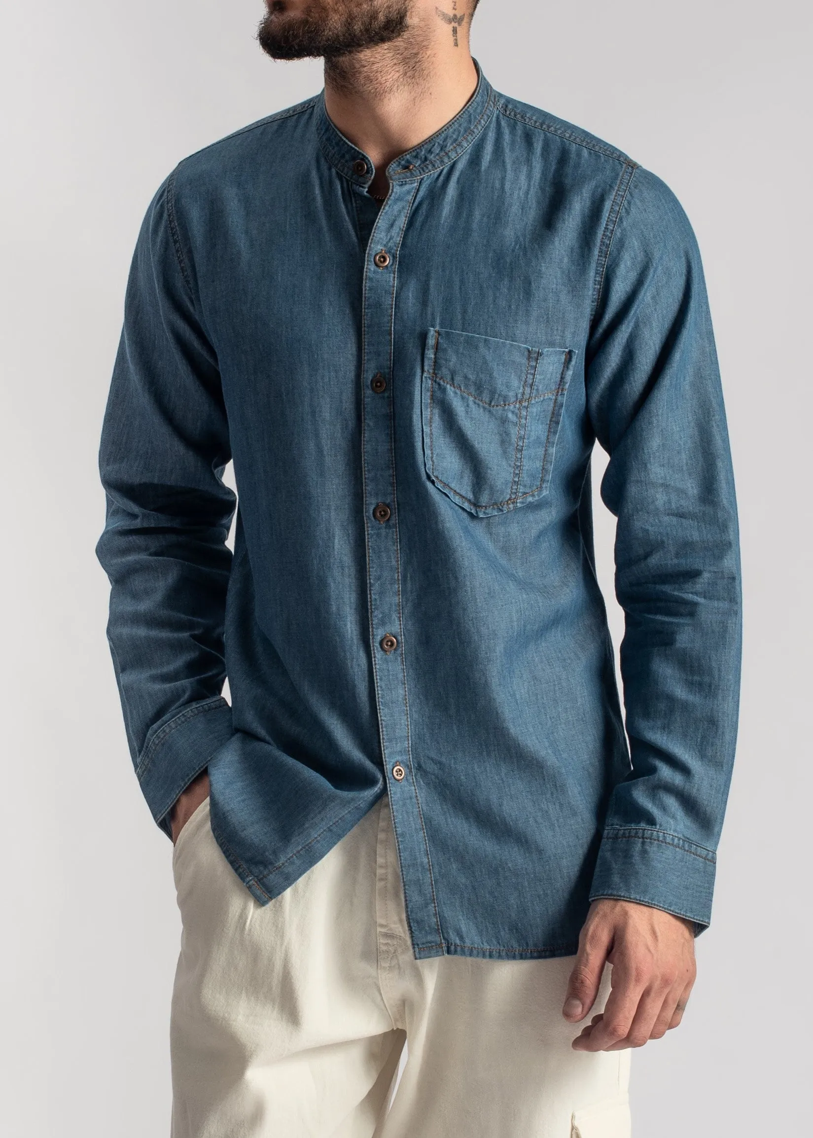 Blue Denim Shirt-Band Collar