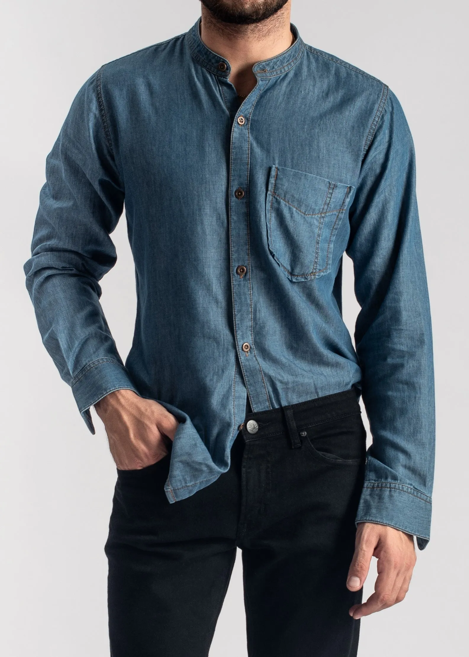 Blue Denim Shirt-Band Collar