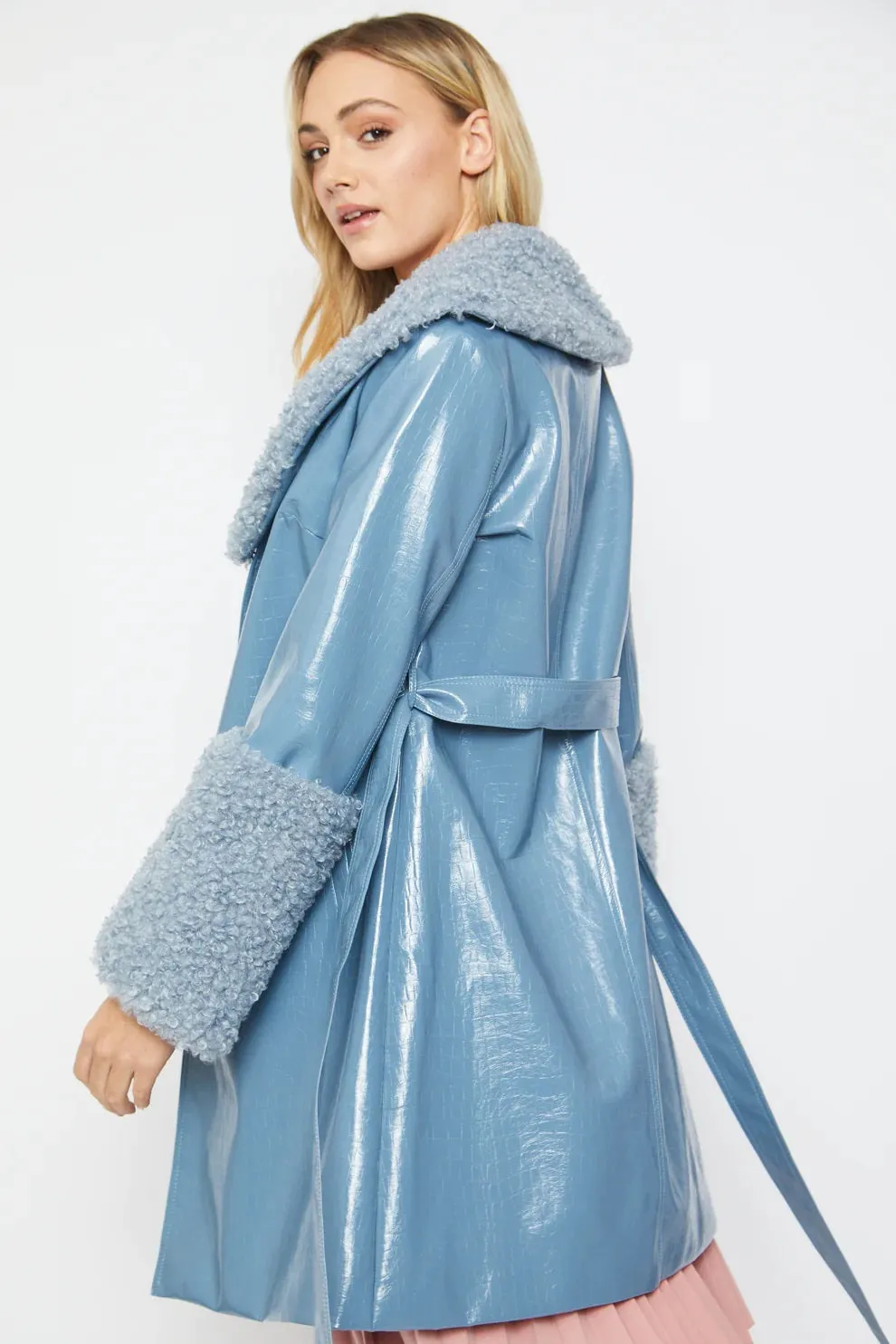 Blue Faux Leather Trench Coat with Faux Shearling Collar and Cuffs