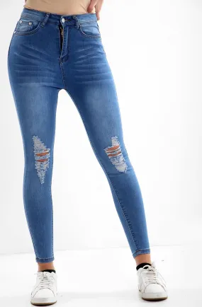 Blue Ladies High waisted knee cut jeans