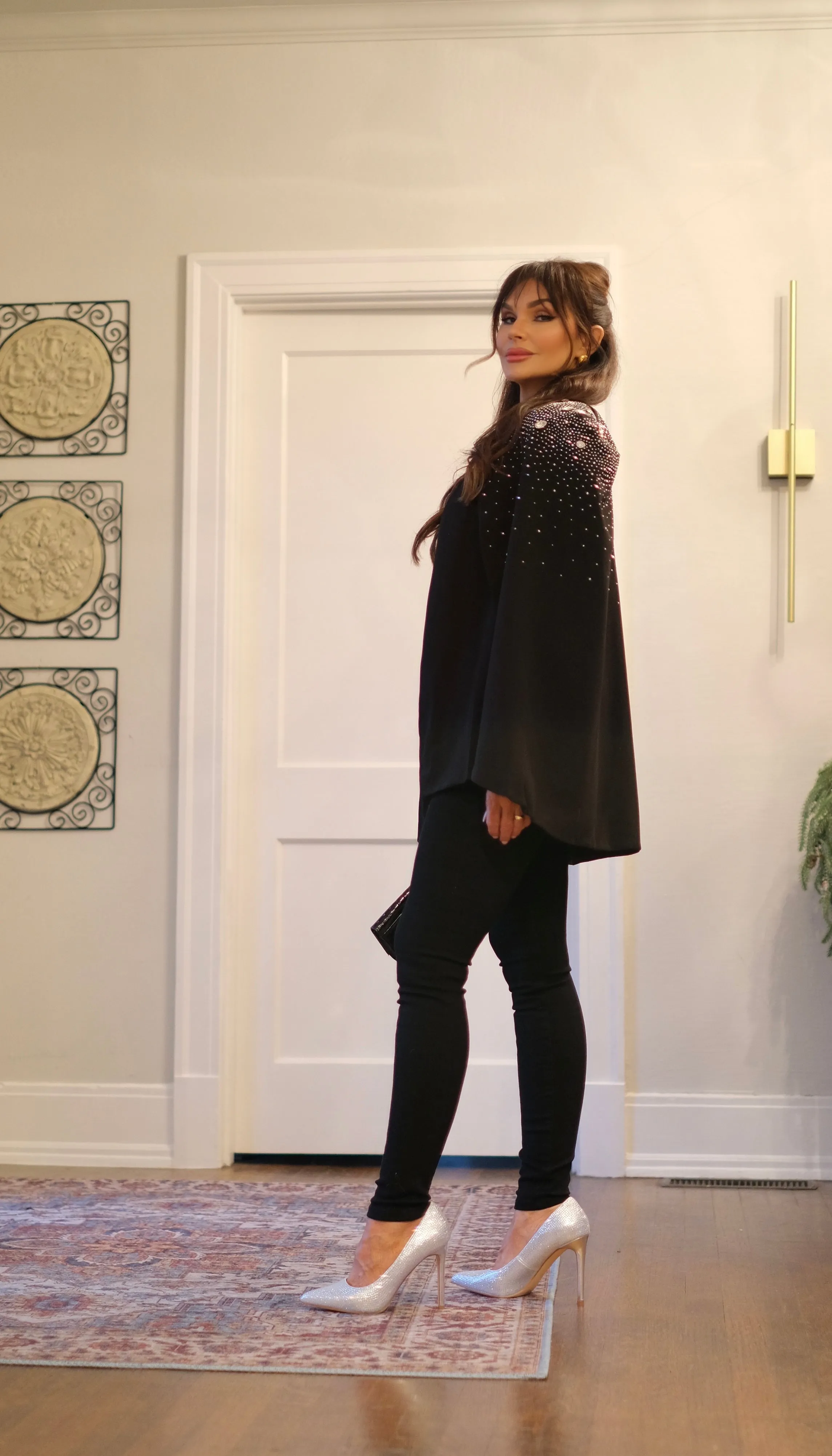 Bricelynn Black Cape Jacket with Rhinestone Detail