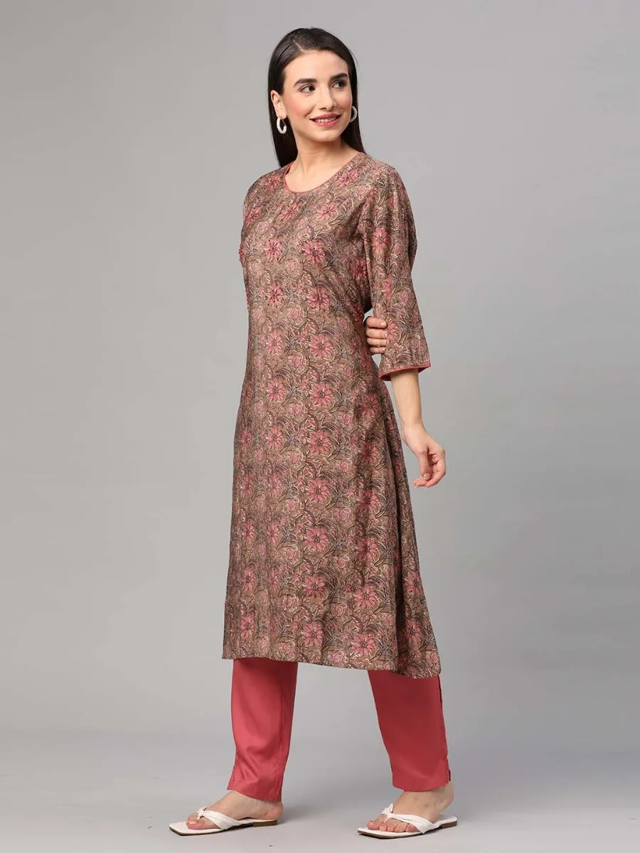 Brown Floral Kurta Trouser Dupatta