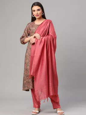 Brown Floral Kurta Trouser Dupatta