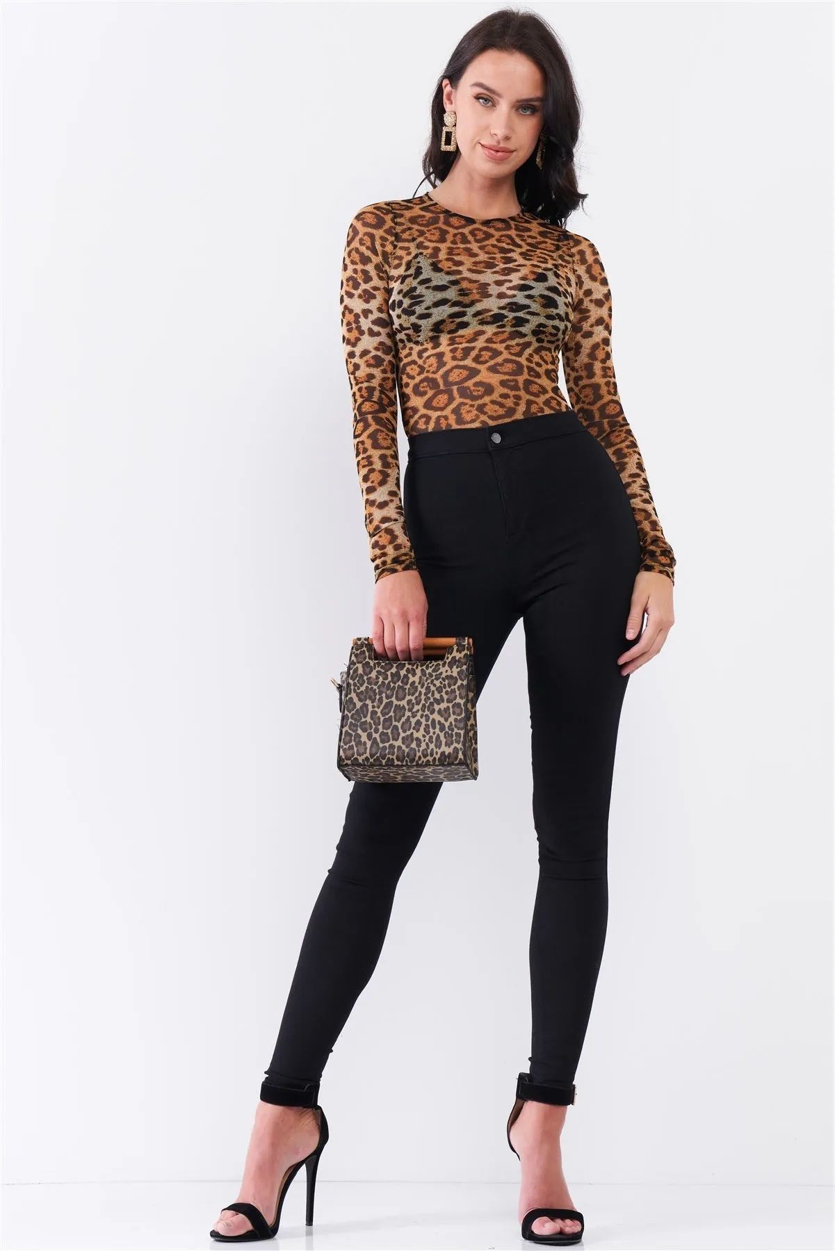 Brown Leopard Print Sheer Mesh LS Bodysuit