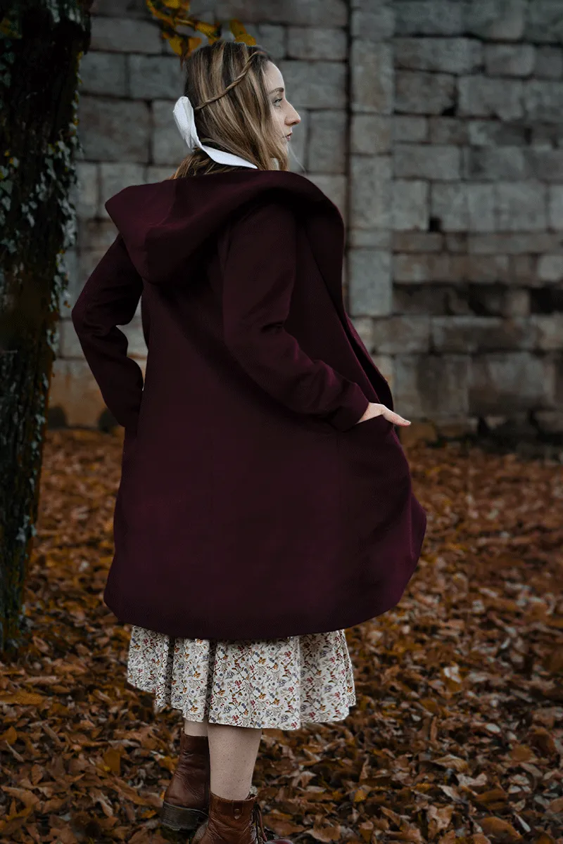 Burgundy Hooded Winter Wool Coat C3767