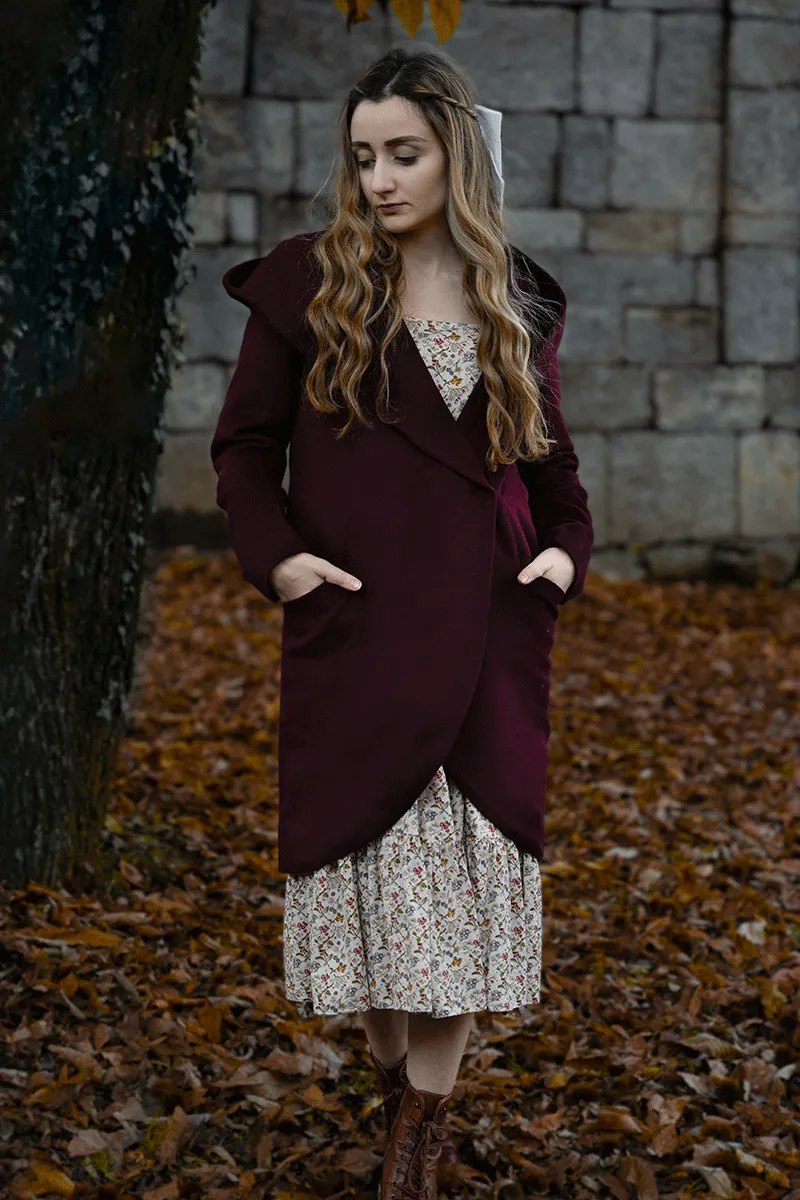 Burgundy Hooded Winter Wool Coat C3767