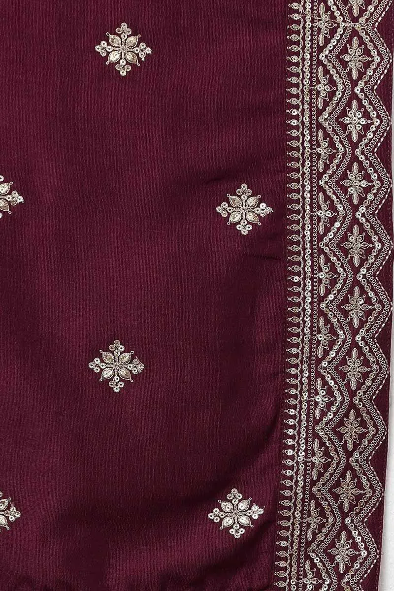 Burgundy Silk Blend Solid Straight Kurta Trousers With Dupatta