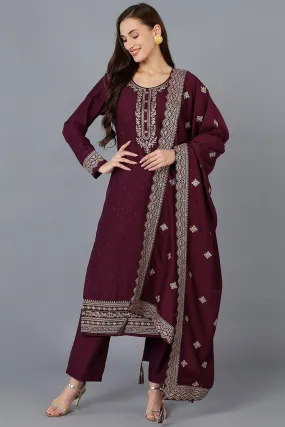 Burgundy Silk Blend Solid Straight Kurta Trousers With Dupatta