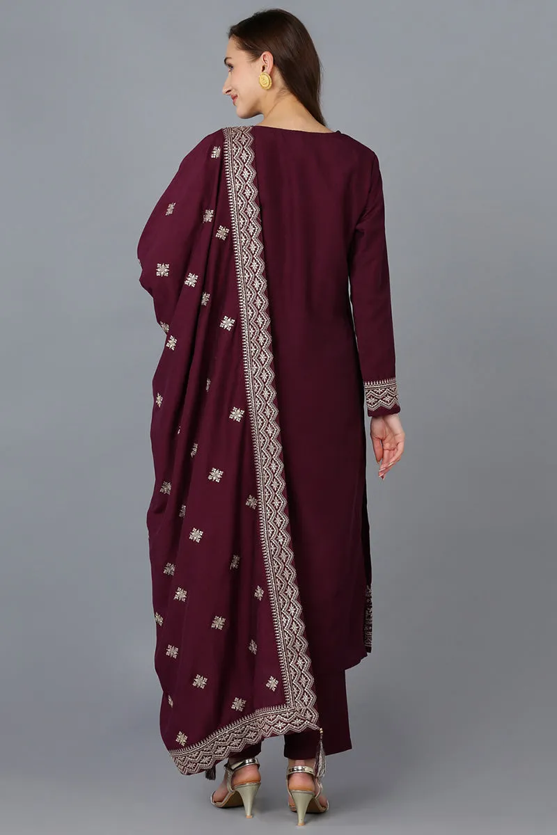 Burgundy Silk Blend Solid Straight Kurta Trousers With Dupatta