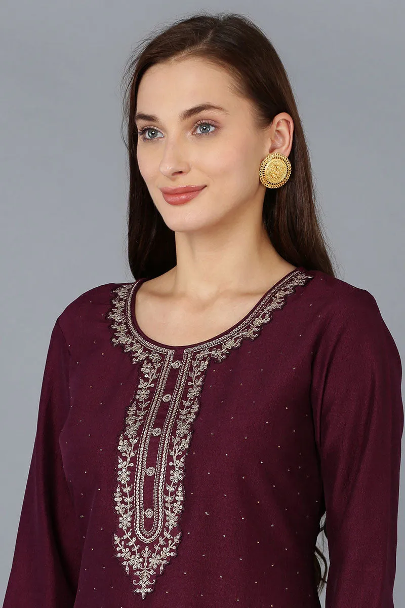 Burgundy Silk Blend Solid Straight Kurta Trousers With Dupatta