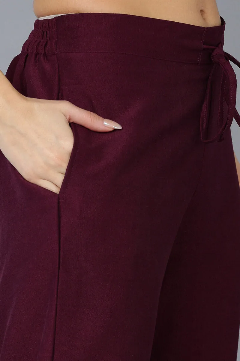 Burgundy Silk Blend Solid Straight Kurta Trousers With Dupatta