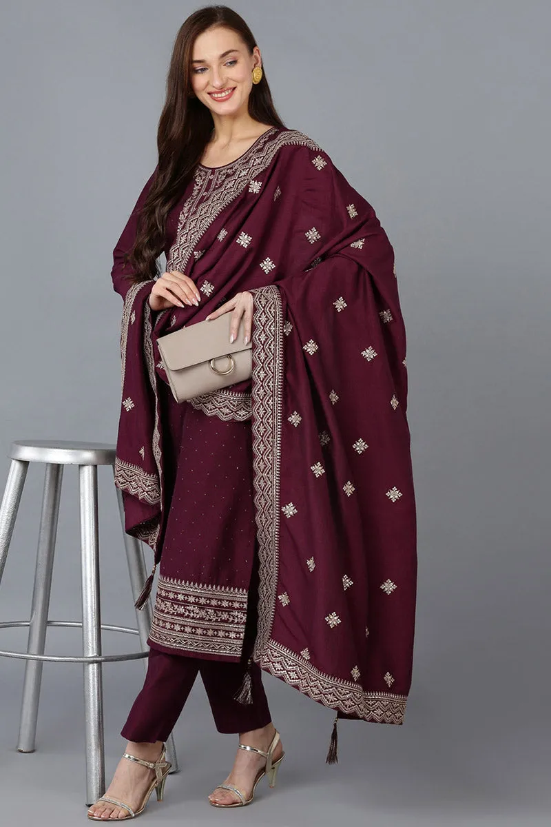 Burgundy Silk Blend Solid Straight Kurta Trousers With Dupatta