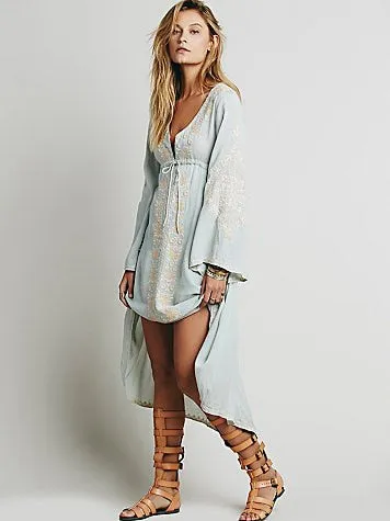 Carolina Embroidered High Low Midi Dress Choose Black Baby Blue Peach Army Green Or White Kaftan Style Empire Waist Bell Sleeves With Beautiful Bohemian Embroidery Available In Small Medium Large Or XL