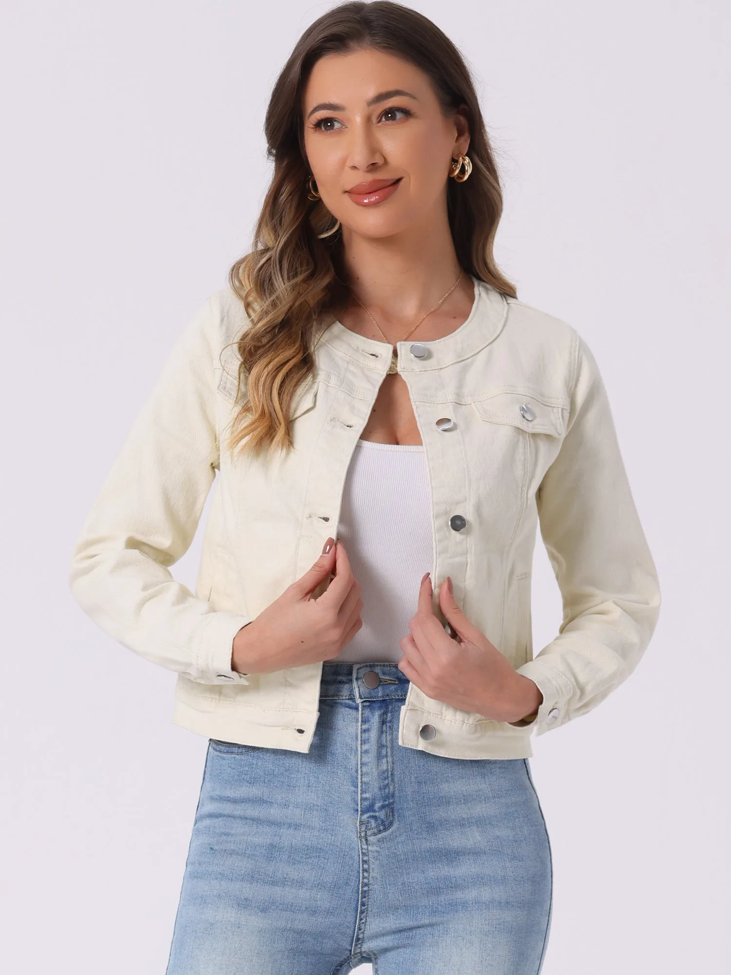 Casual Button Down Collarless Long Sleeve Denim Jacket