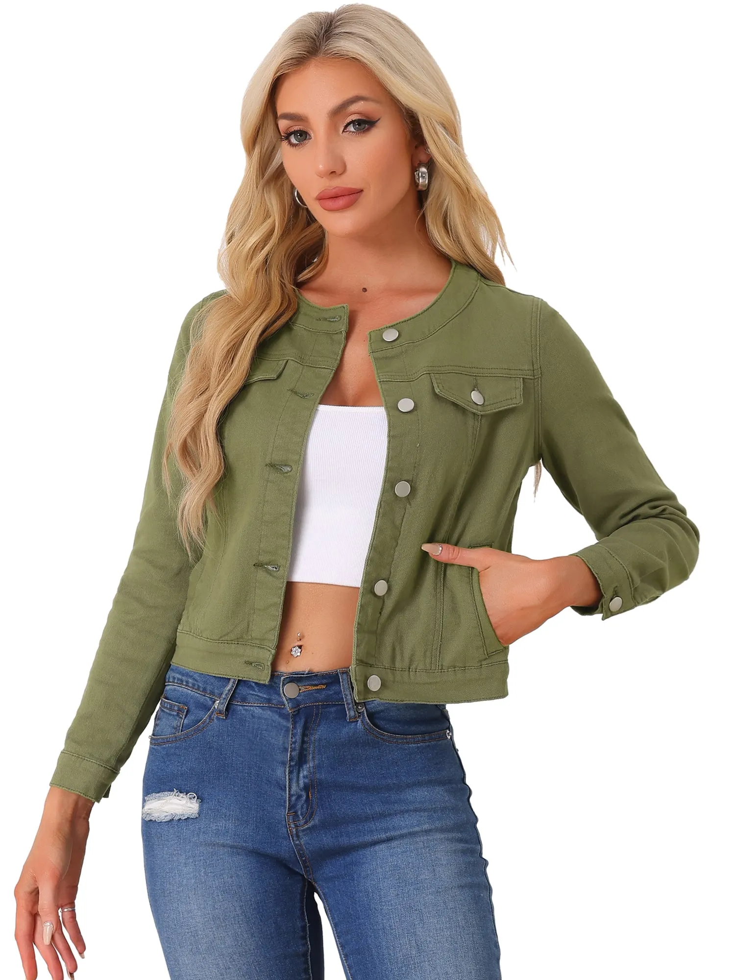 Casual Button Down Collarless Long Sleeve Denim Jacket