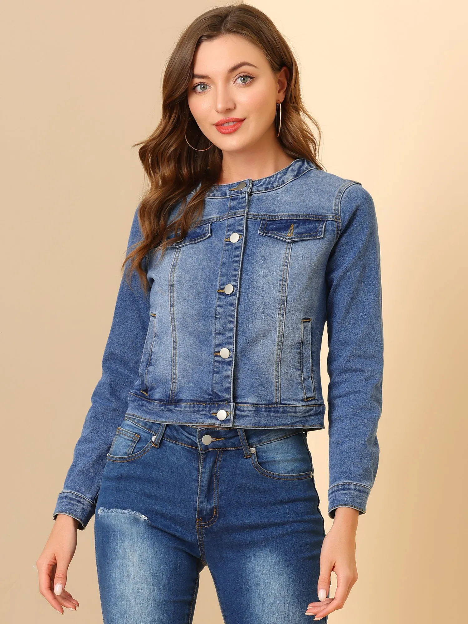 Casual Button Down Collarless Long Sleeve Denim Jacket