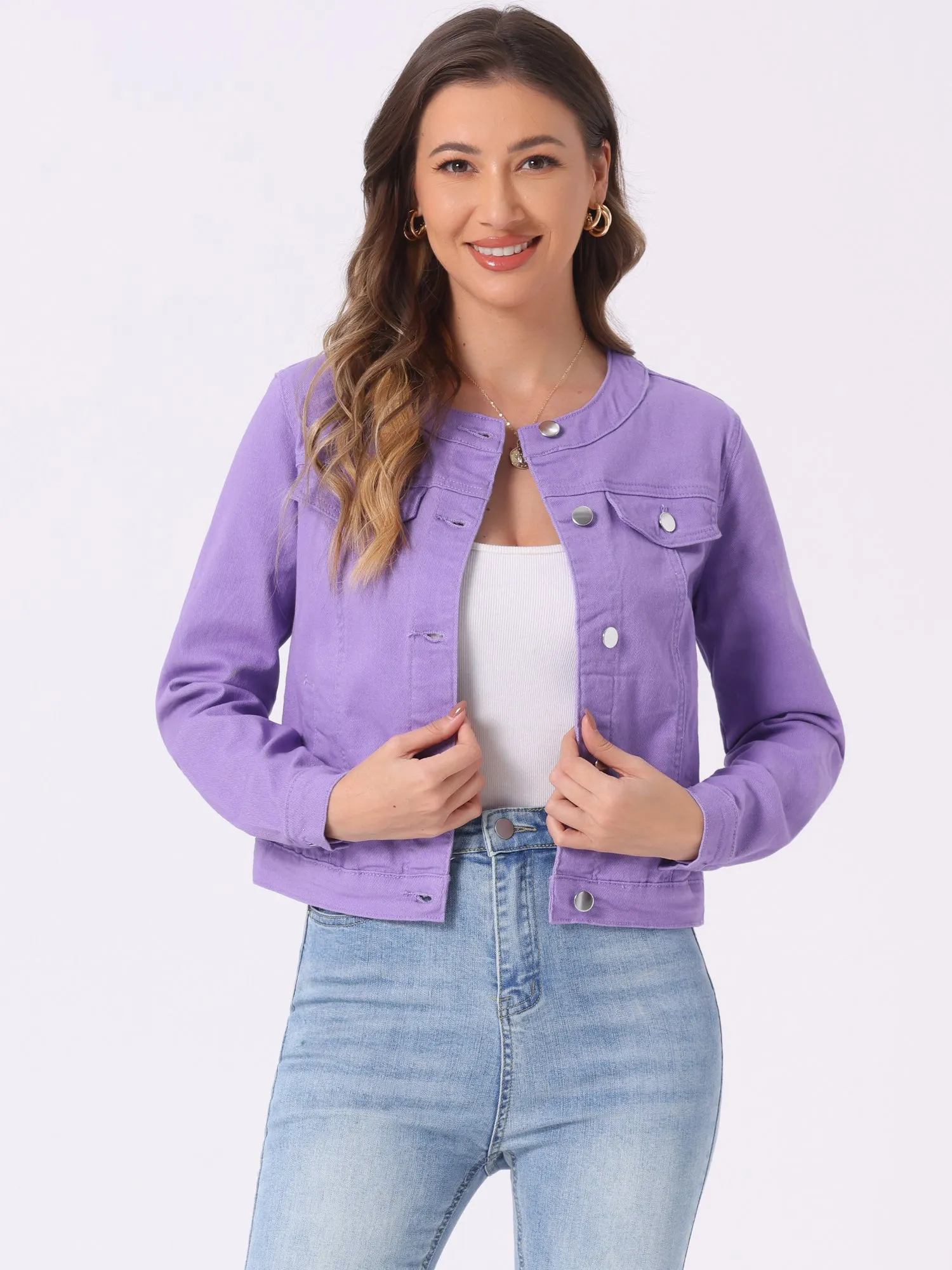 Casual Button Down Collarless Long Sleeve Denim Jacket