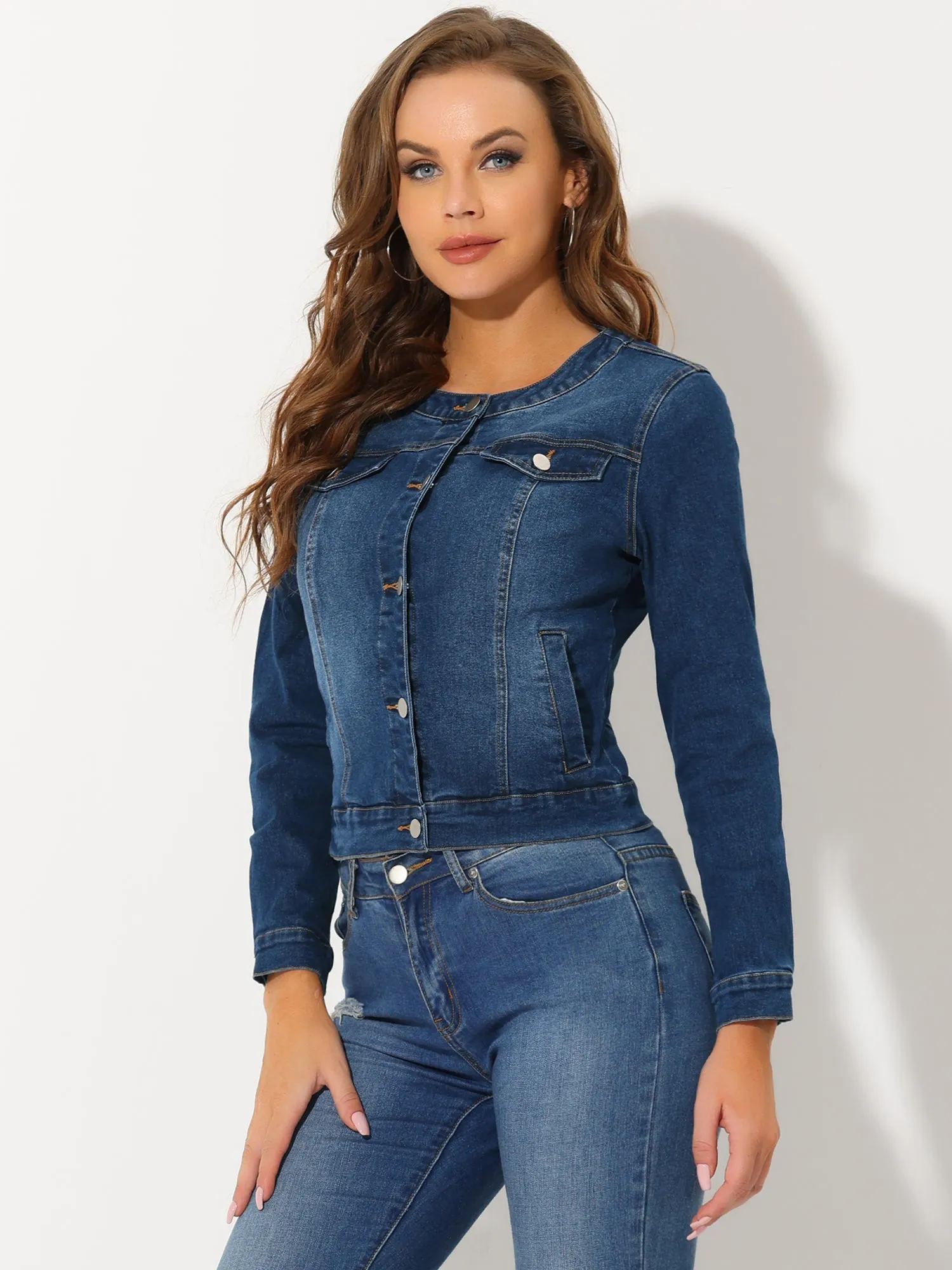 Casual Button Down Collarless Long Sleeve Denim Jacket