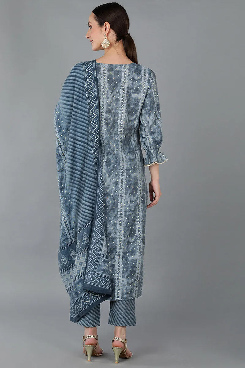 Charcoal Silk Blend Ethnic Motifs Straight Kurta Trousers With Dupatta