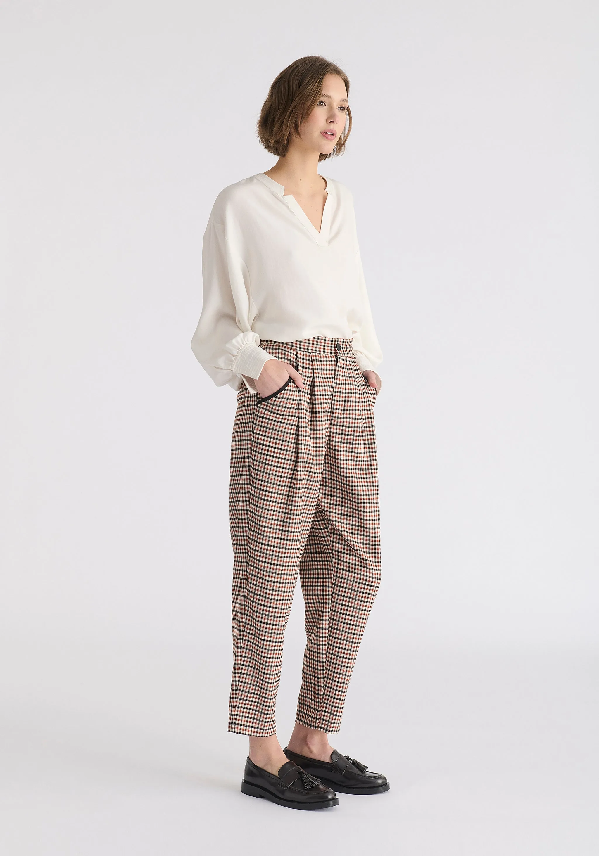 Check Trousers with Piping Details