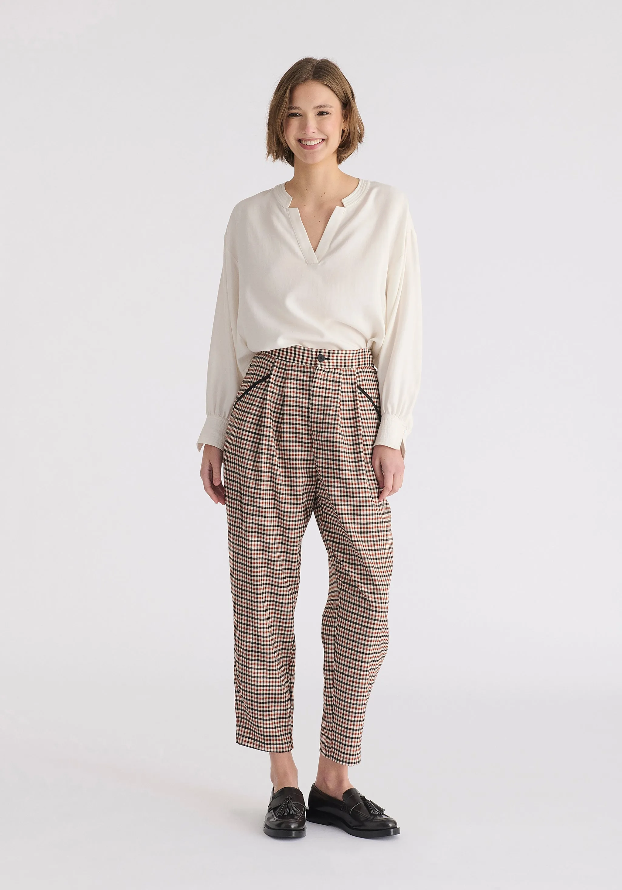 Check Trousers with Piping Details