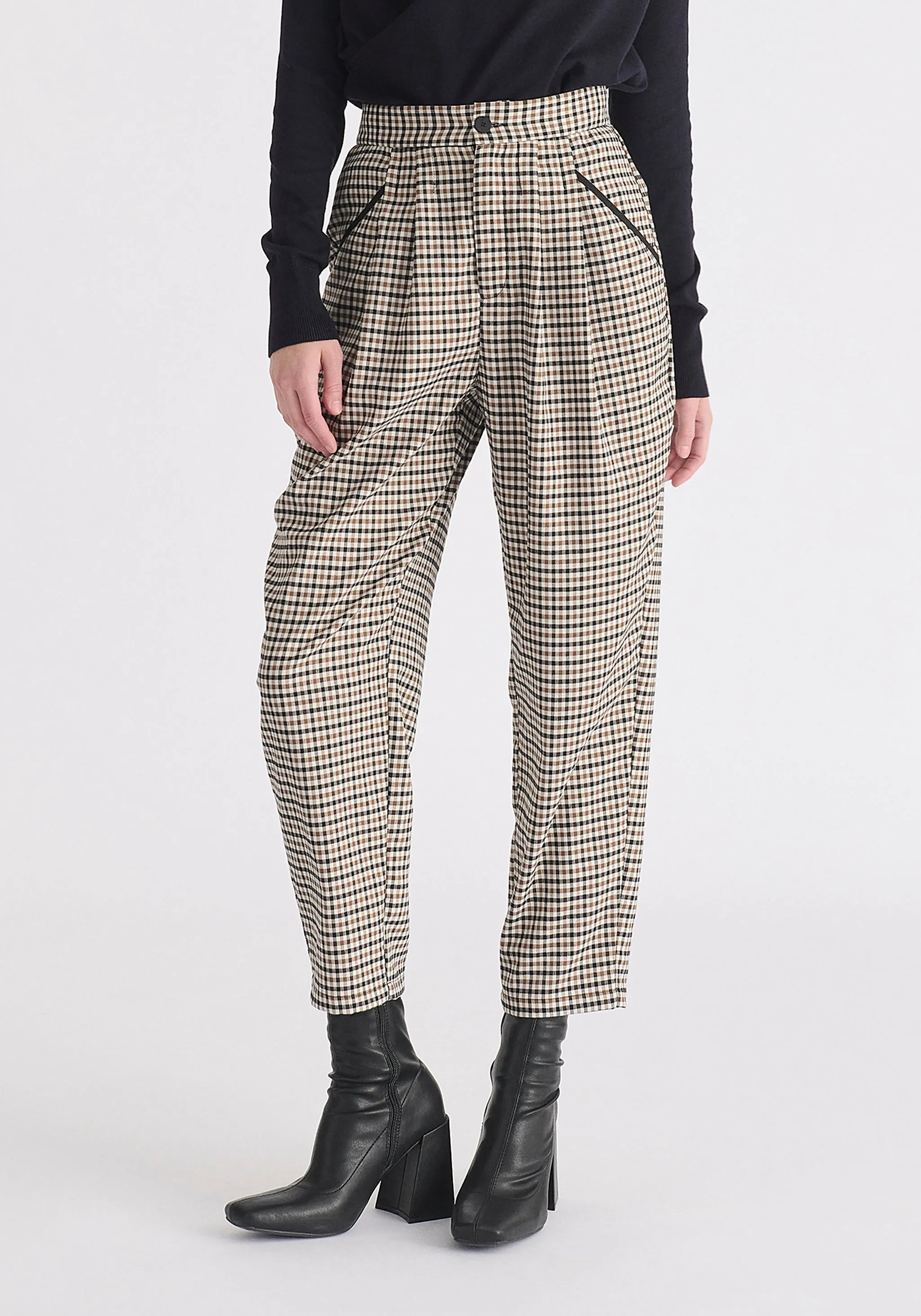 Check Trousers with Piping Details