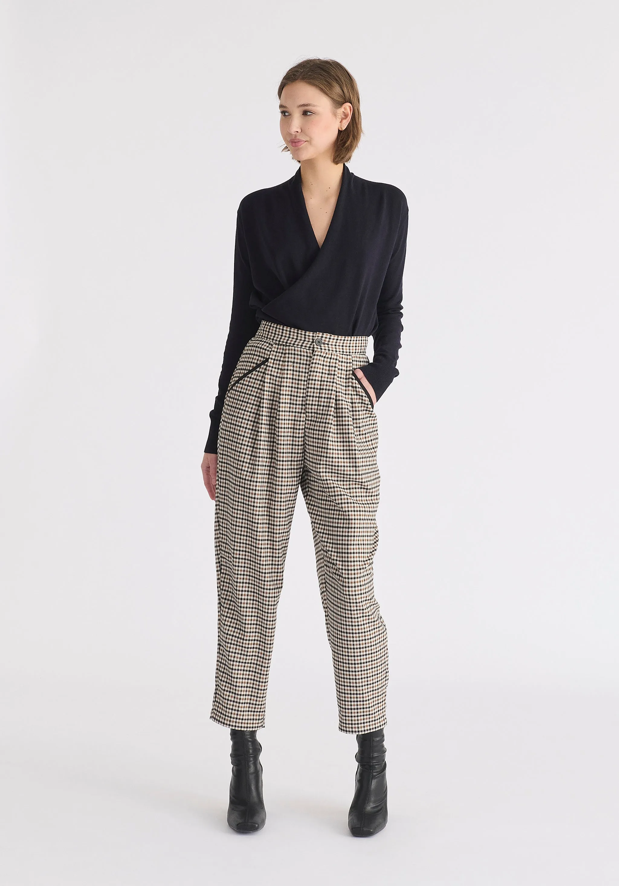 Check Trousers with Piping Details