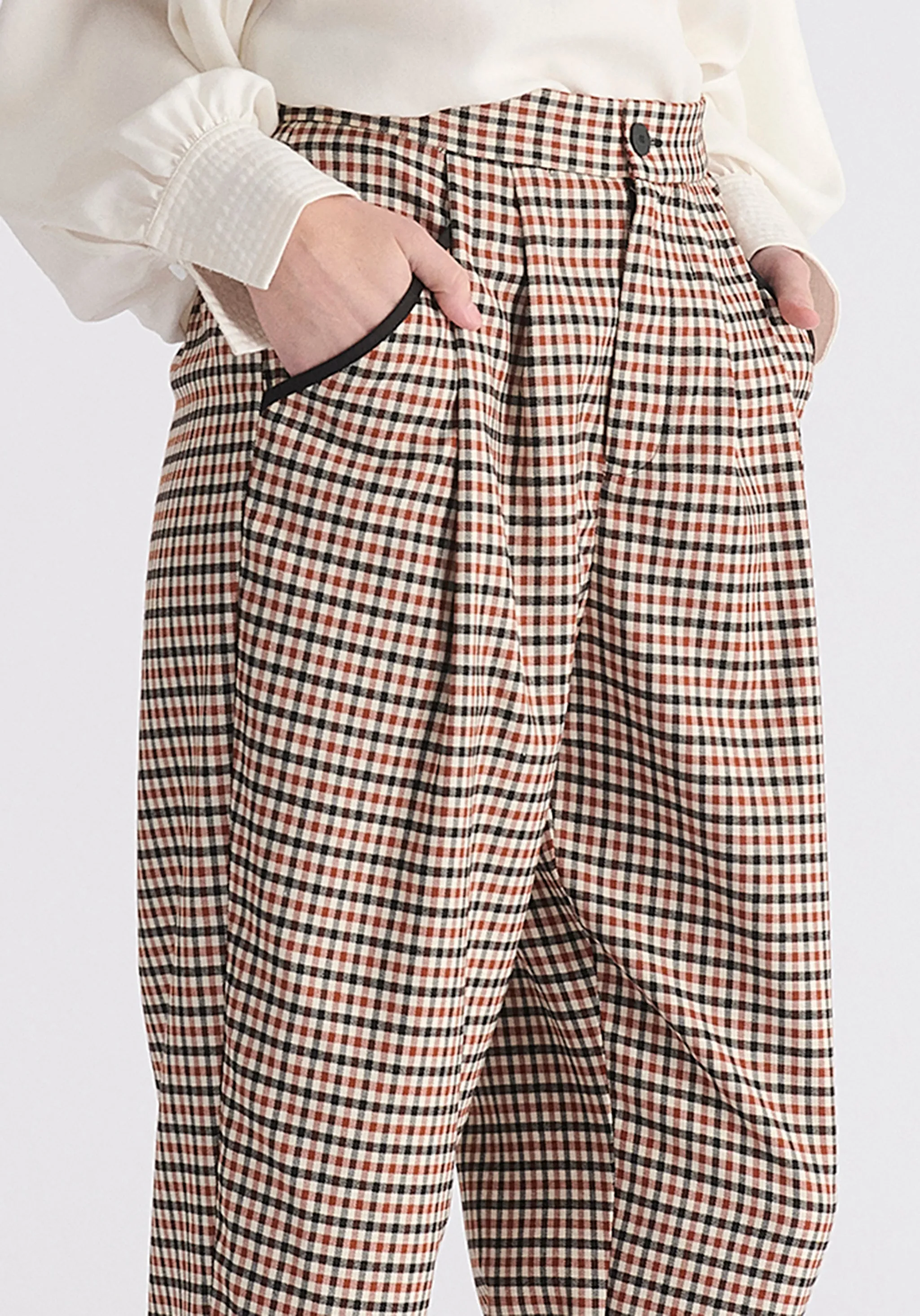 Check Trousers with Piping Details