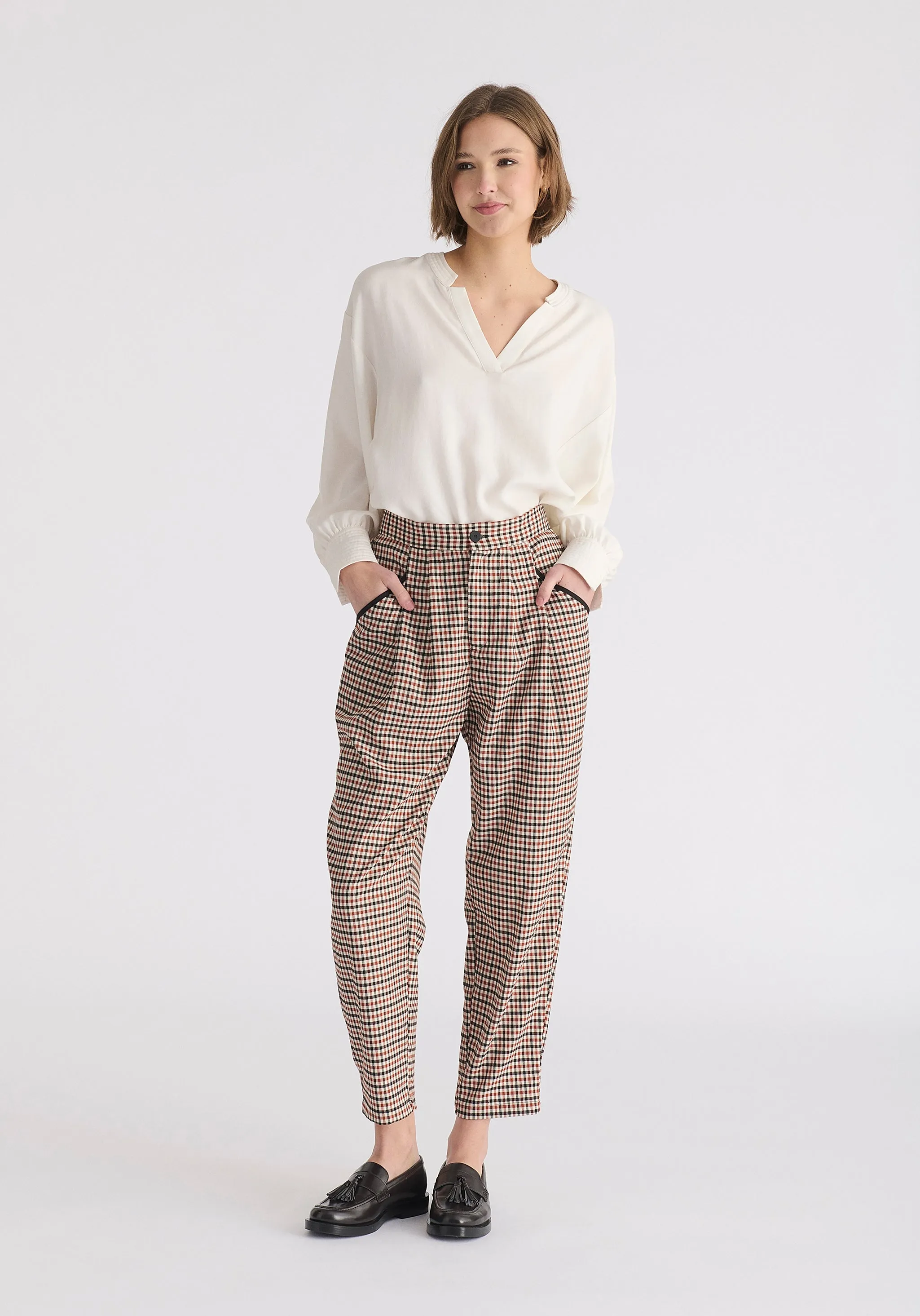 Check Trousers with Piping Details