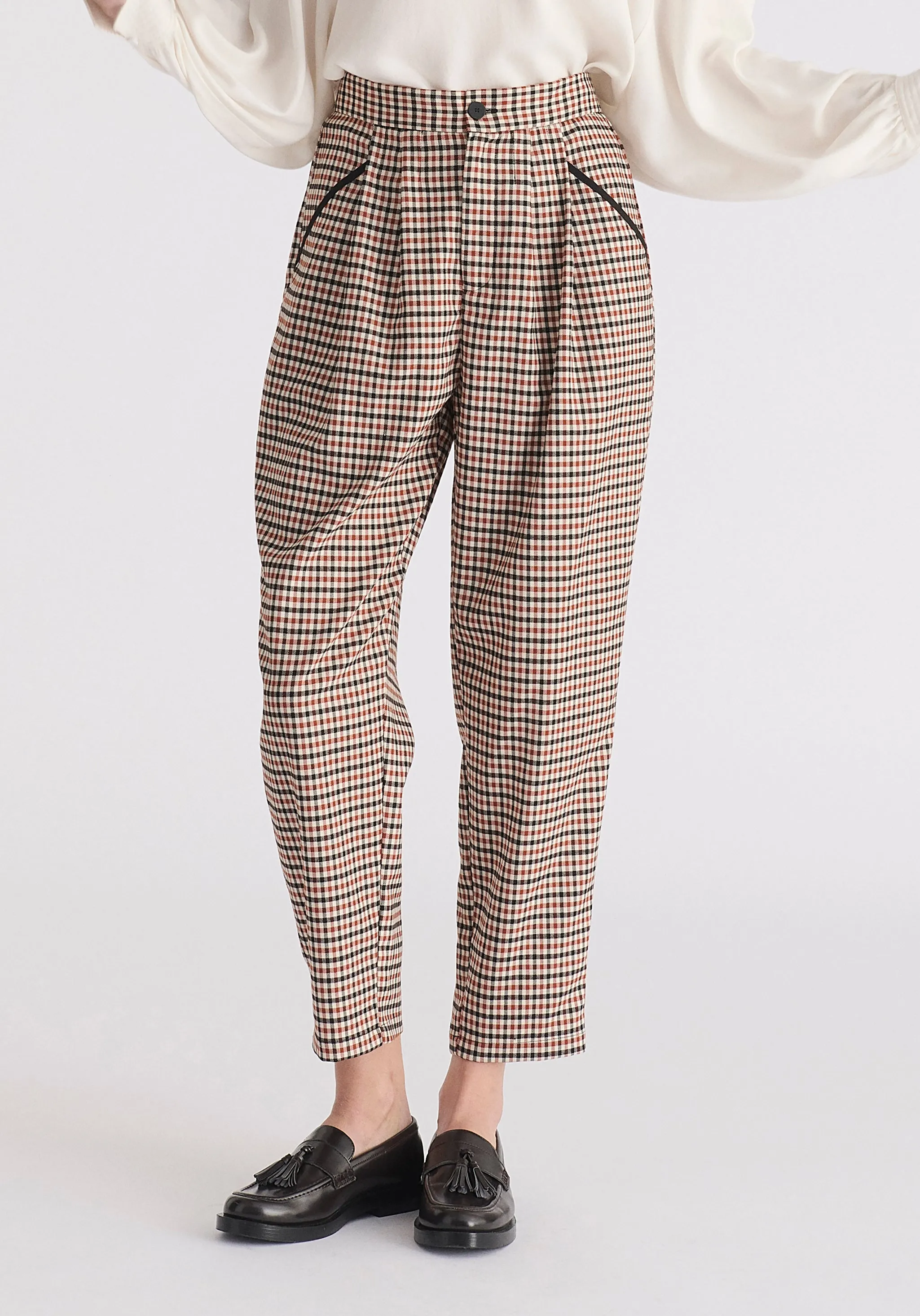 Check Trousers with Piping Details