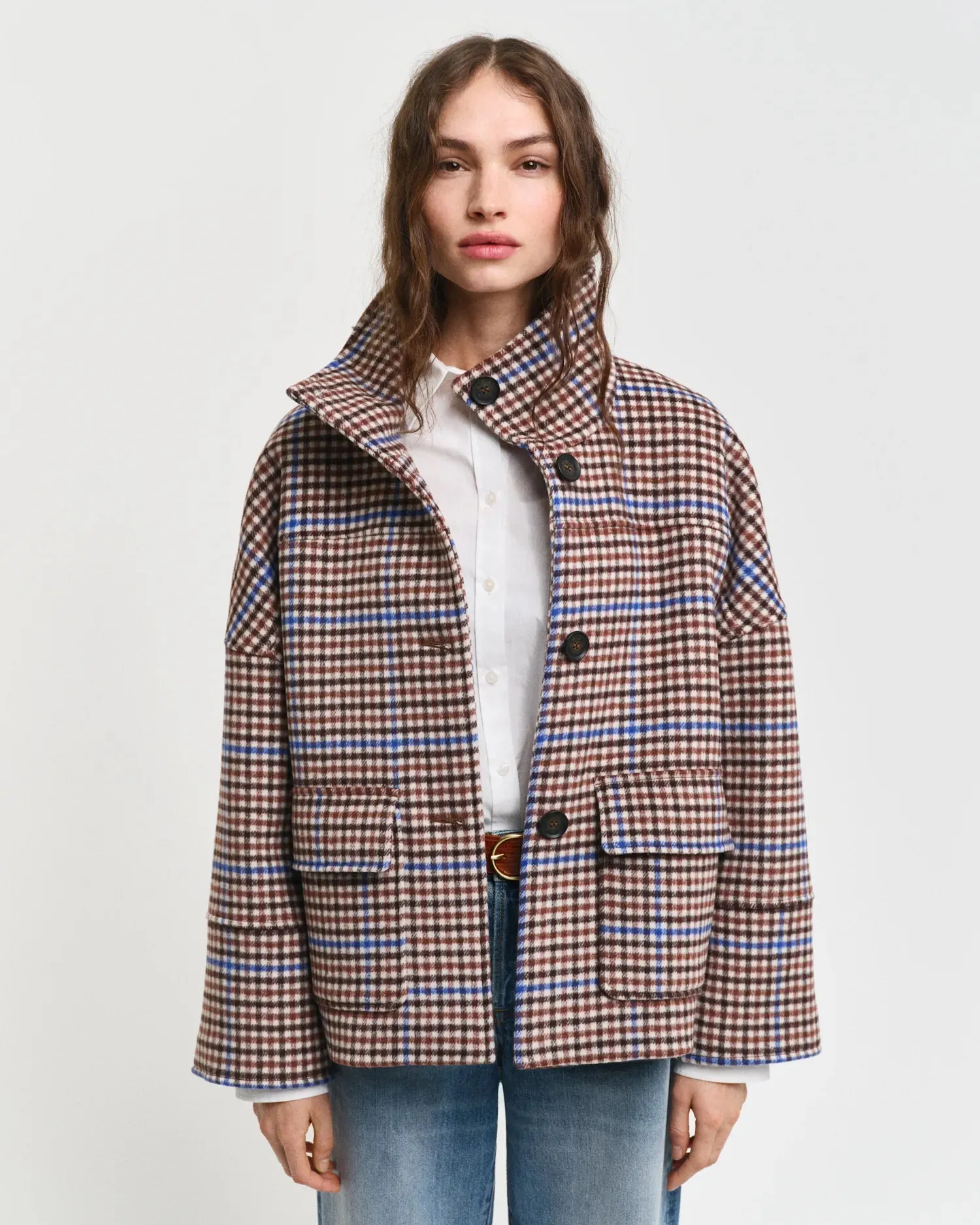 Checked Cropped Wool Jacket - College Blue